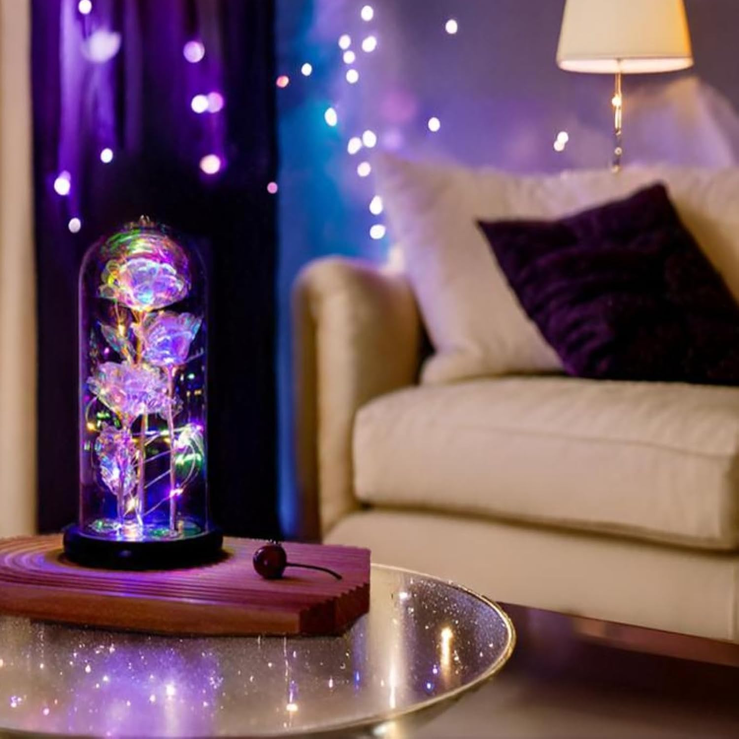 Mothers Day Mom Gifts: Rainbow LED Galaxy Glass Flower Rose in Glass Dome, 3 Col