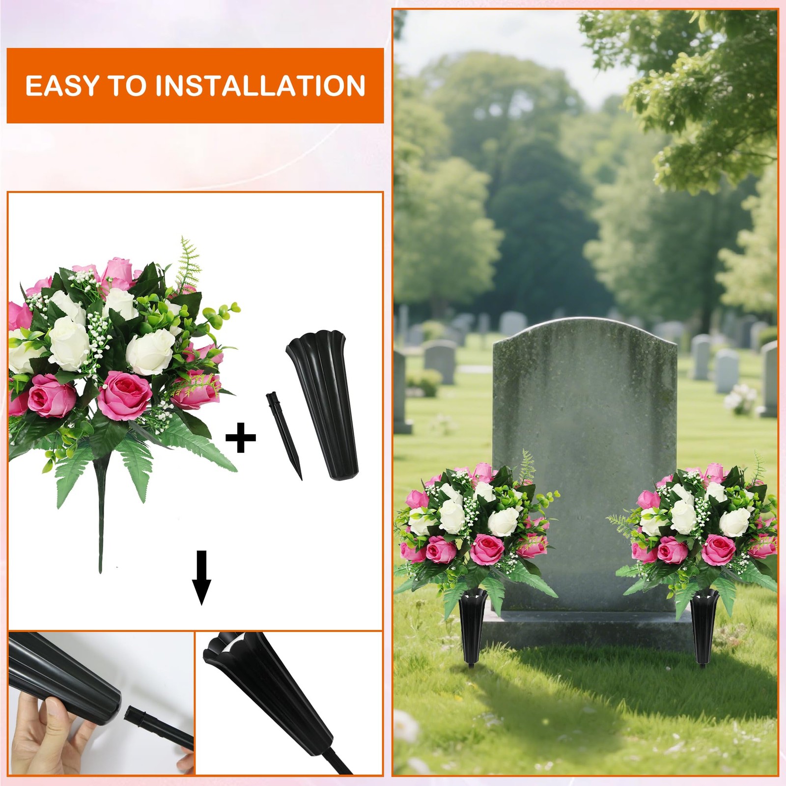 2 Sets Artificial Cemetery Flowers for Grave,Realistic Grave Flowers for Ceme…
