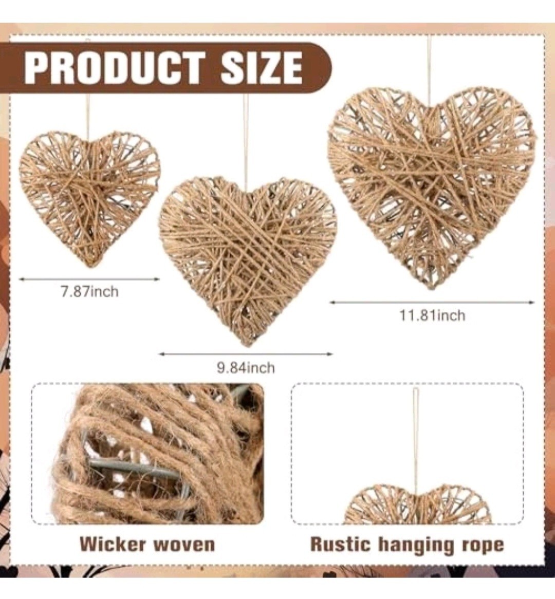 3 Piece Rustic Rattan Heart Wall / Hanging Decor For Valentine’s / Anniversary
