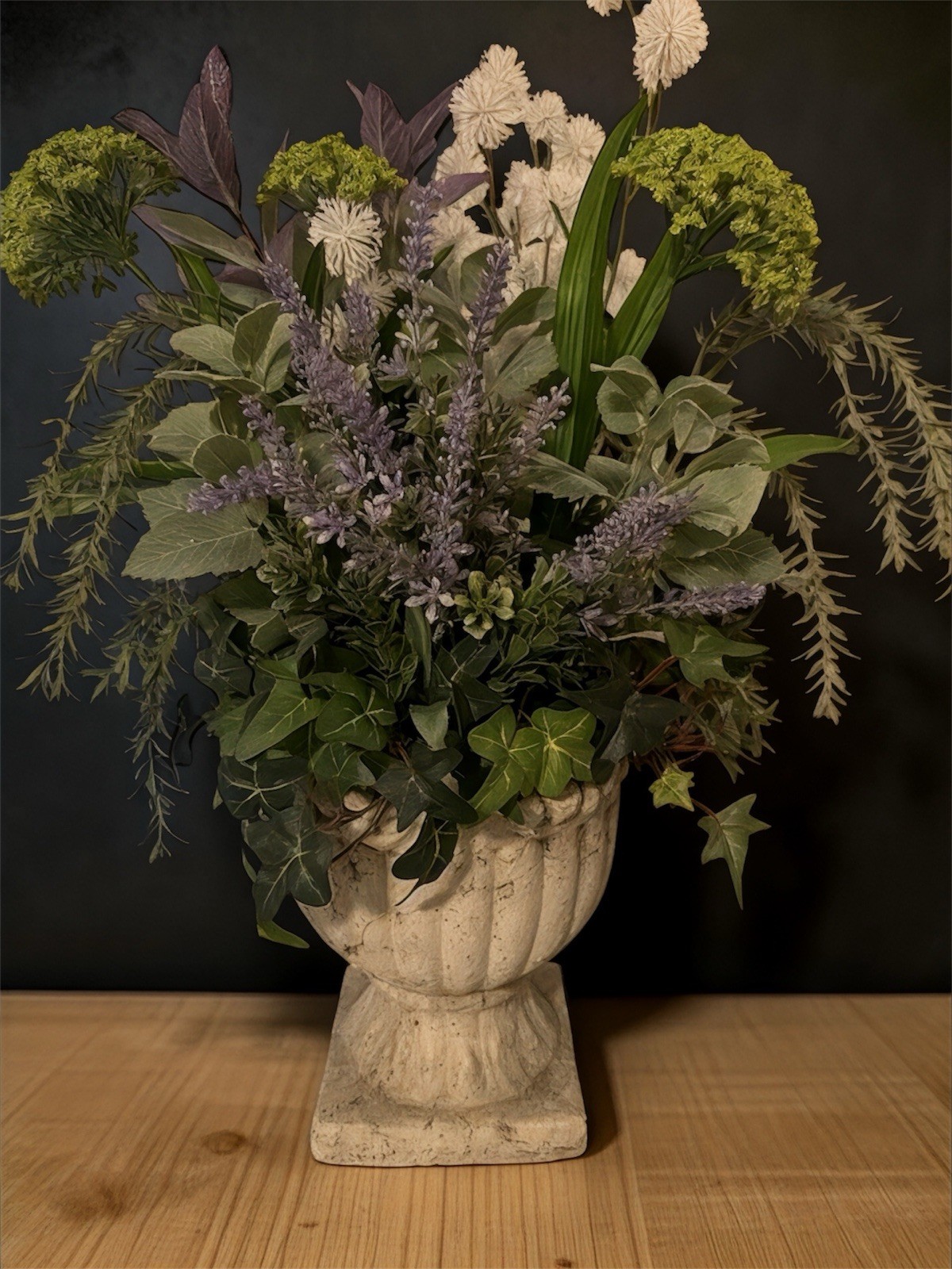 Neoclassical Urn Herb Floral Arrangement Lavender Rosemary Ivy