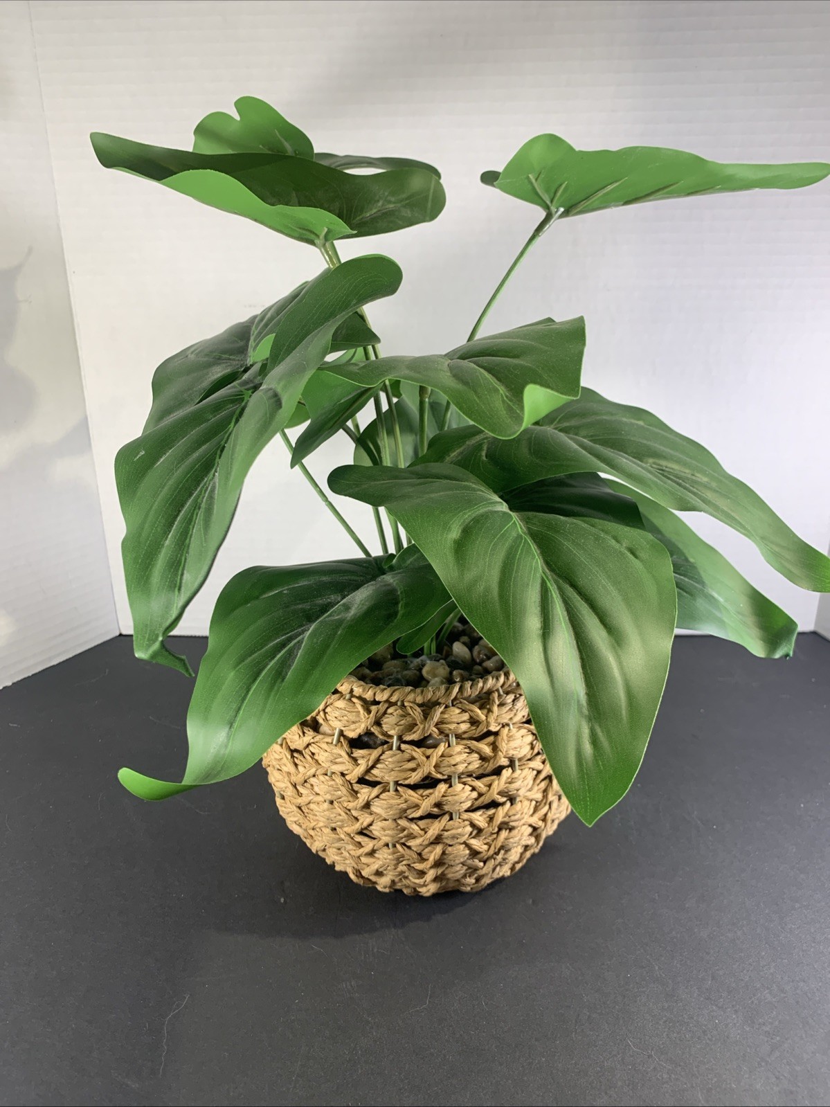 Faux Tropical Sweetheart Plant Seagrass Woven Planter Alocasia River Rock 12”