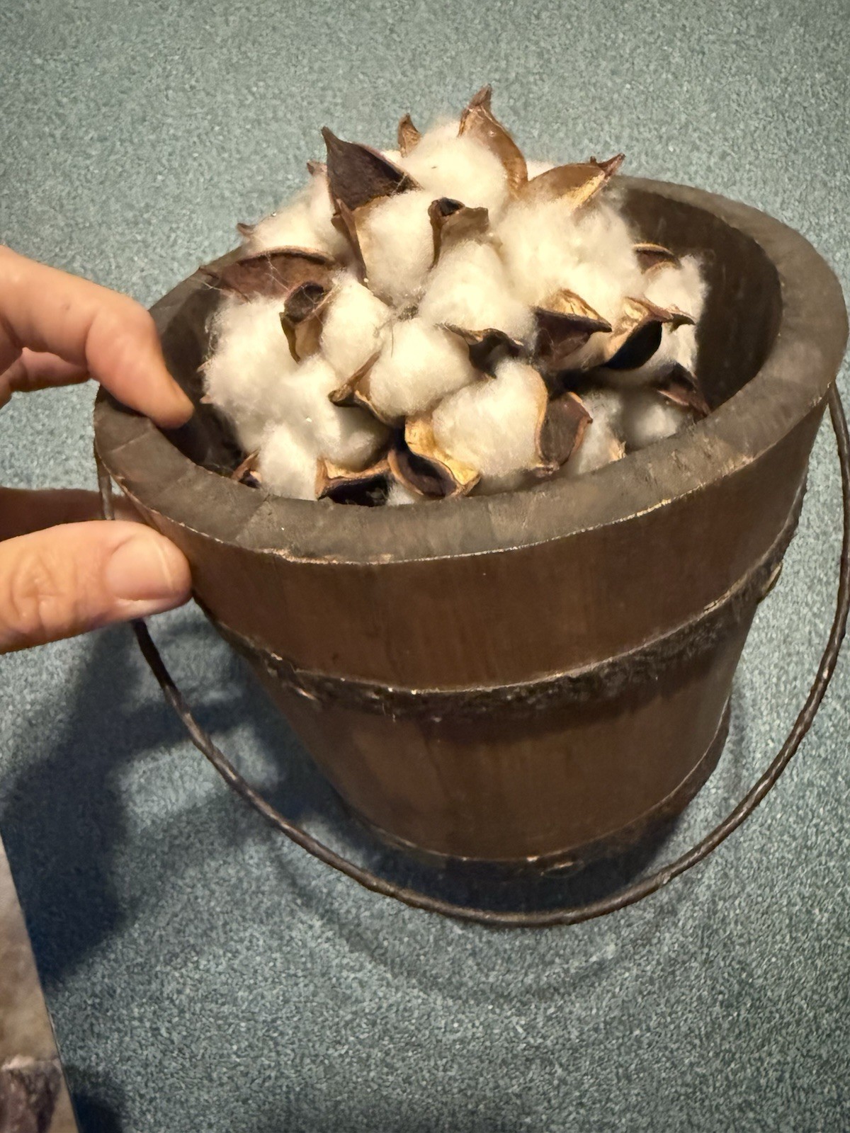 Rustic Wood & Metal Bucket Cotton Centerpiece Arrangement Brown/White 5 in