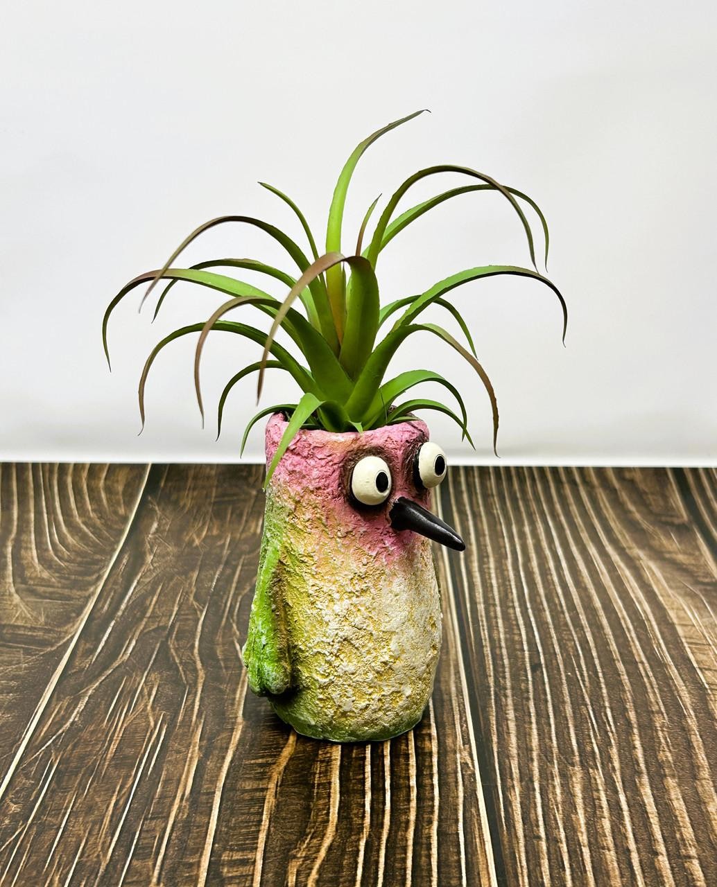 8″ Potted Flit HUMMINGBIRD Blob House Mini pot WITH faux Harrisii Air Plant