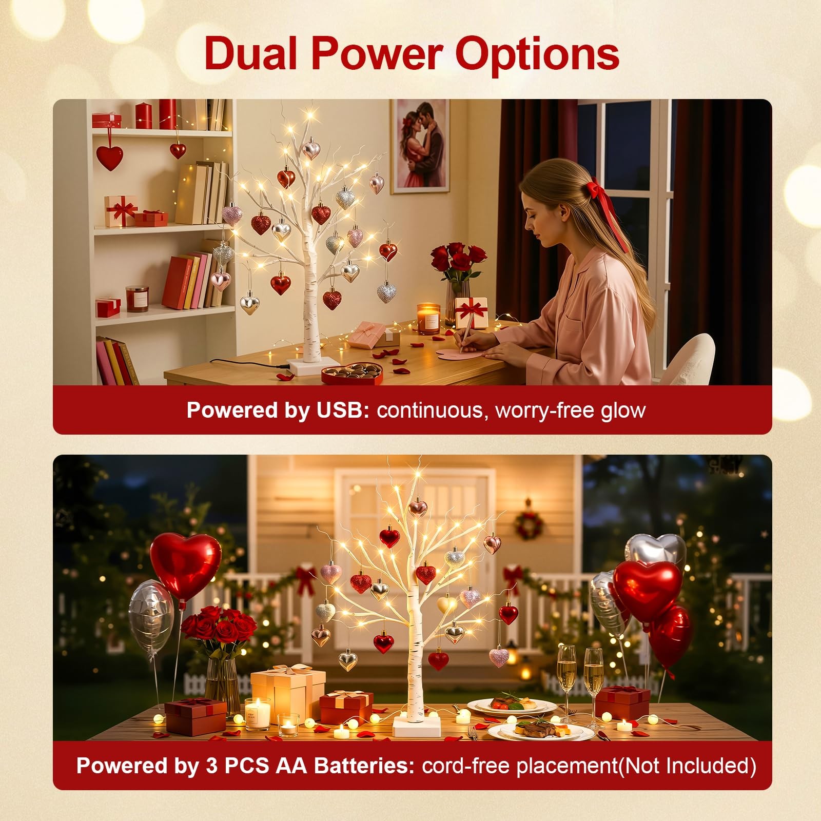 Valentines Day Decorations 2 FT Birch Tree 24 LED 18 Heart Ornaments