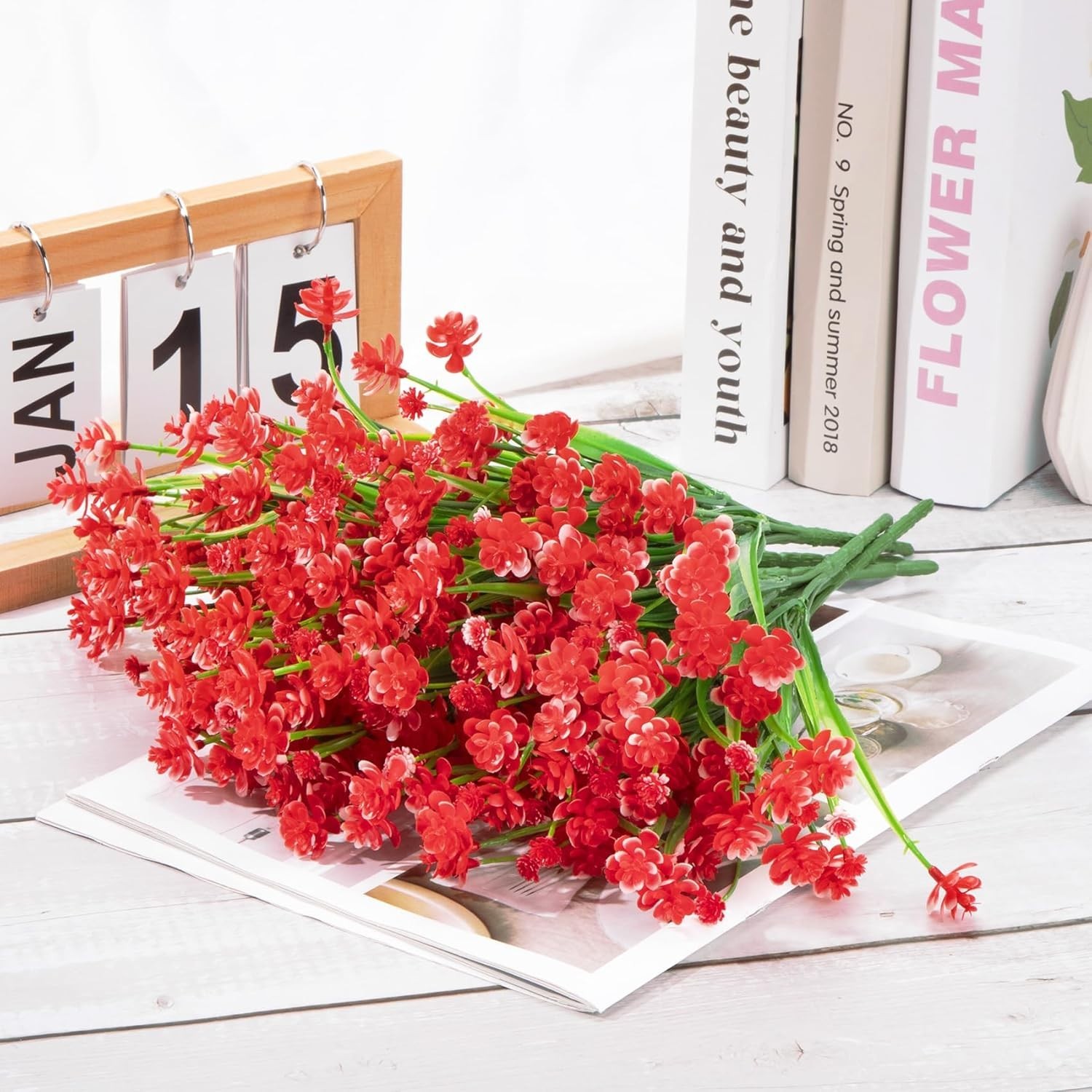 Lifelike Red Artificial Flowers – Set of 12 Bundles for Indoor and Outdoor Décor