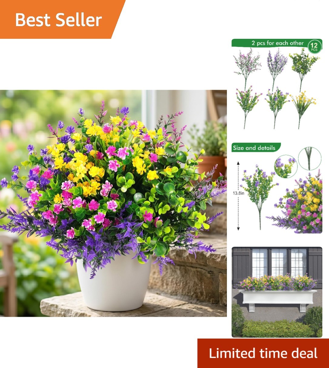 12 Pcs UV Resistant Artificial Flowers – Vibrant Outdoor Decor for Any Season