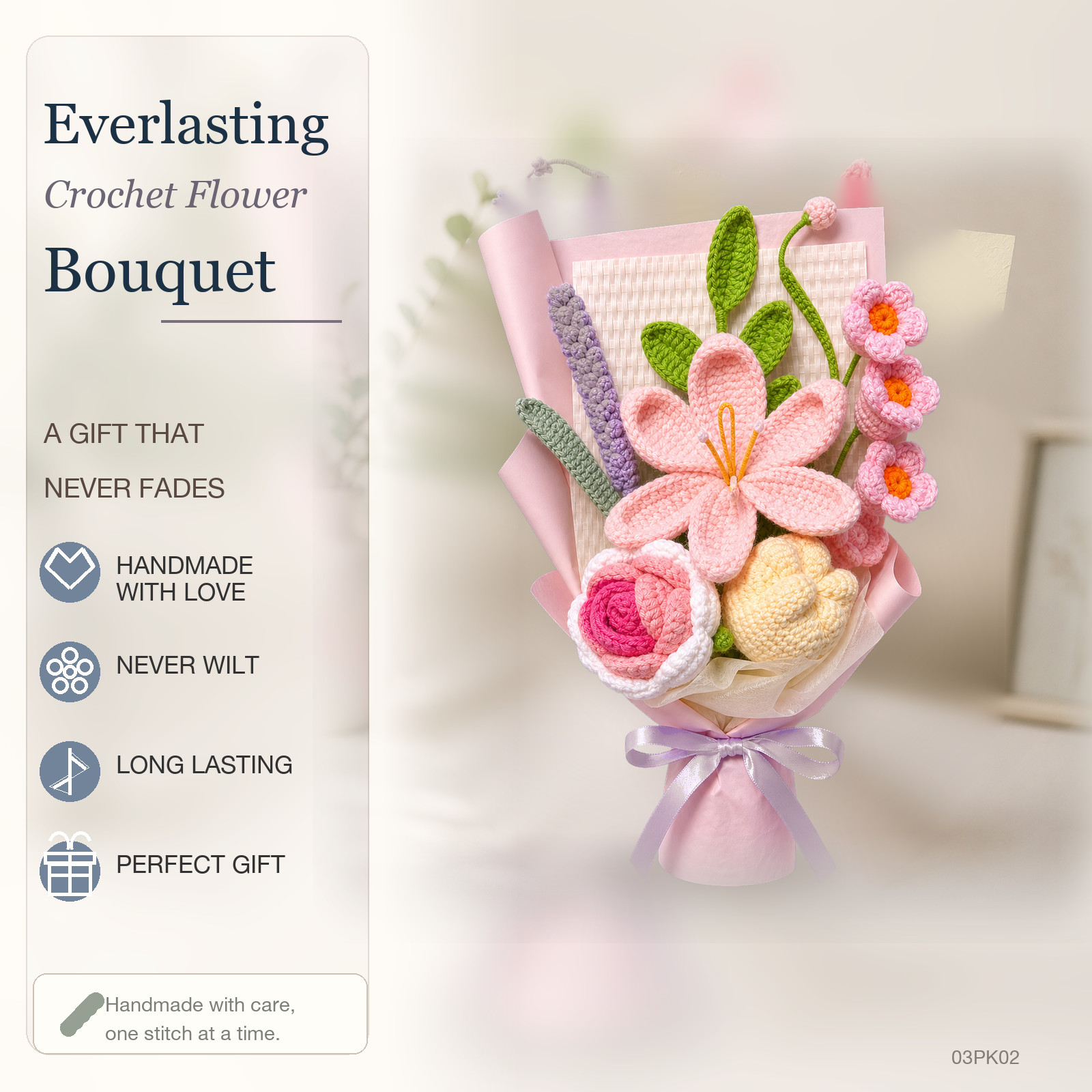 Pink Lily Rose Crochet Bouquet Handmade Birthday Gift for Her