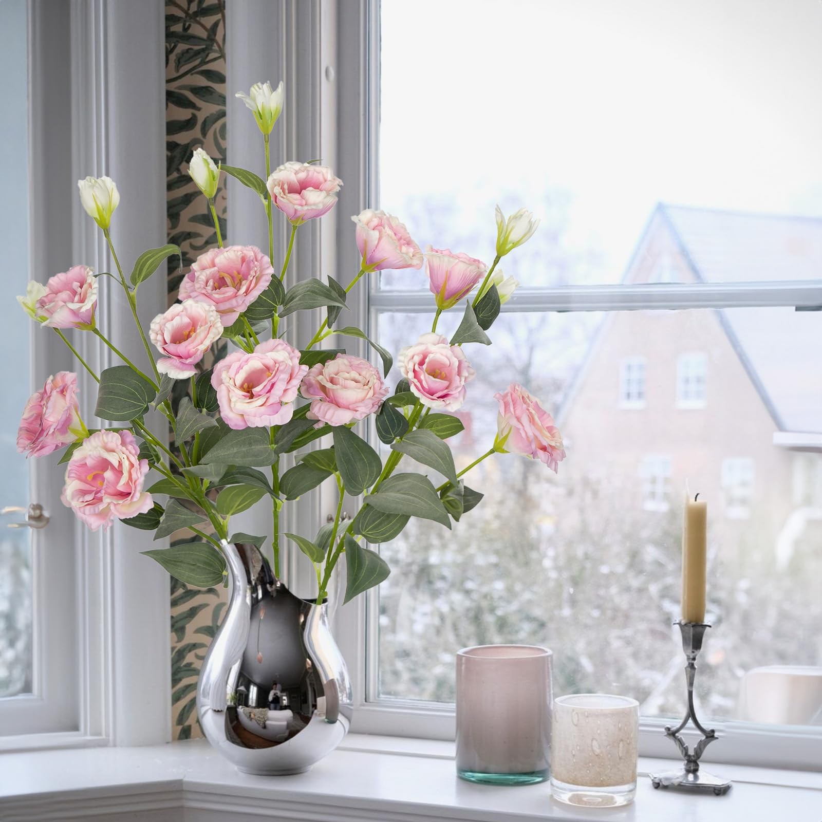 34.5″ Pink Artificial Flowers Silk Fake Flower 3Pcs Eustoma Lisianthus Flower…