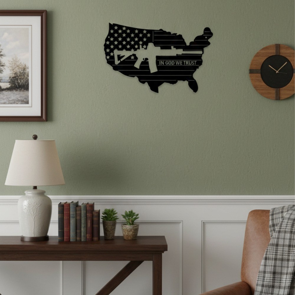 Retro American Flag Submachine Gun Metal Wall Art – Army Home Decor
