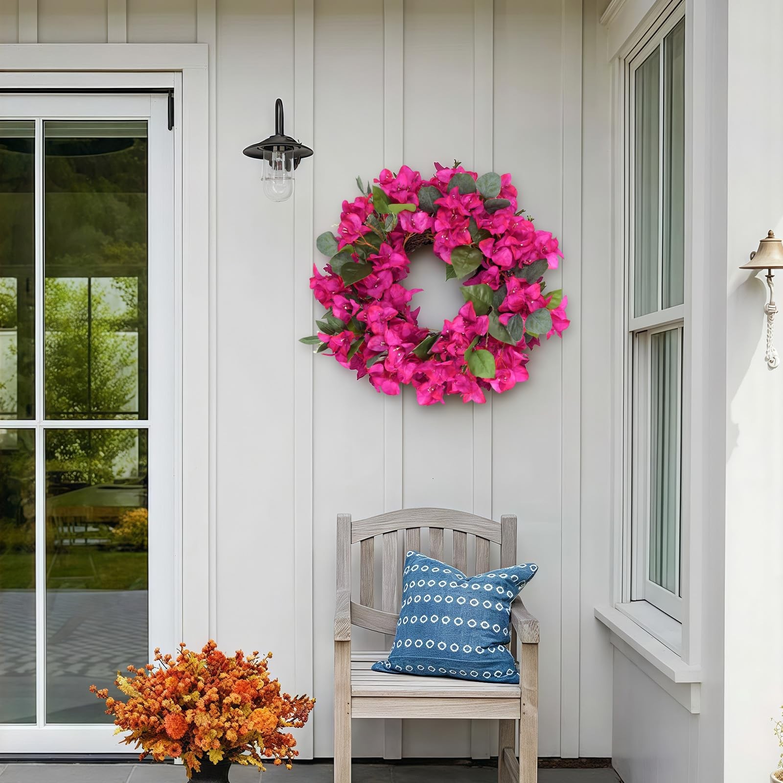 Artificial Bougainvillea Wreath Faux Silk Flowers Front Door Decor Hot Pink