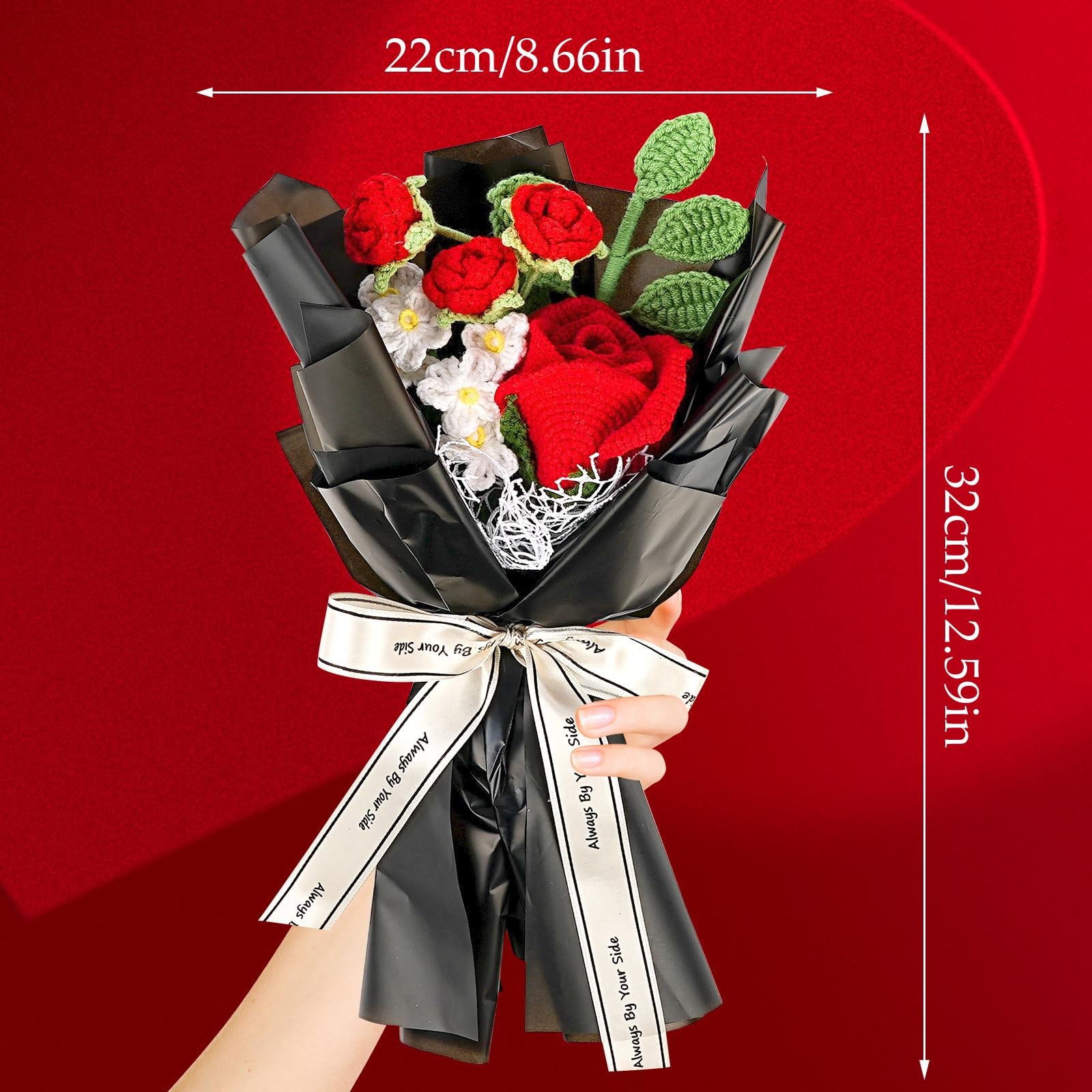 Red Crochet Rose Bouquet Hand Knitted with Blacking Packing Woven Flower