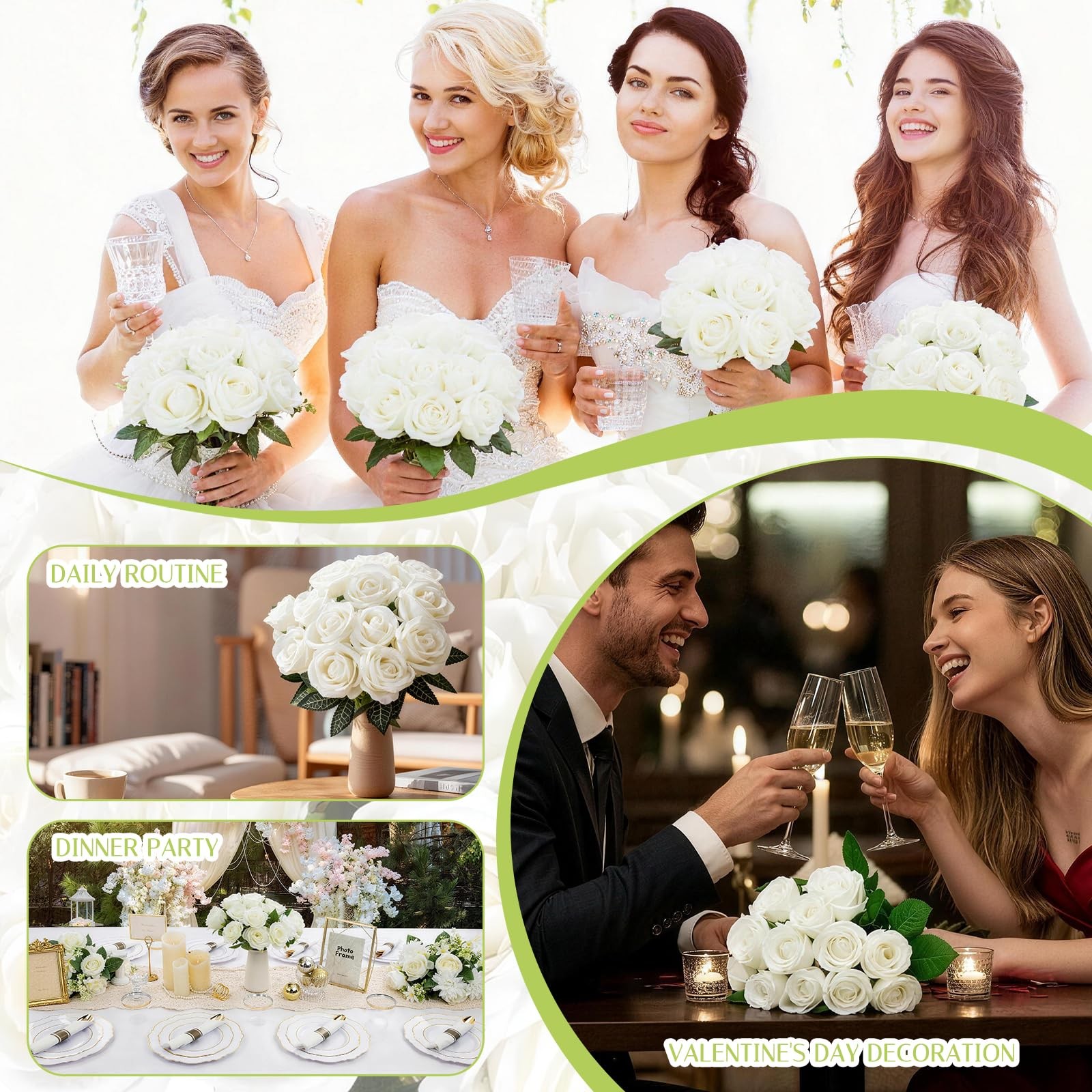 12 PCS Realistic White Roses Artificial Flowers Fake Velvet Silk Bulk Faux