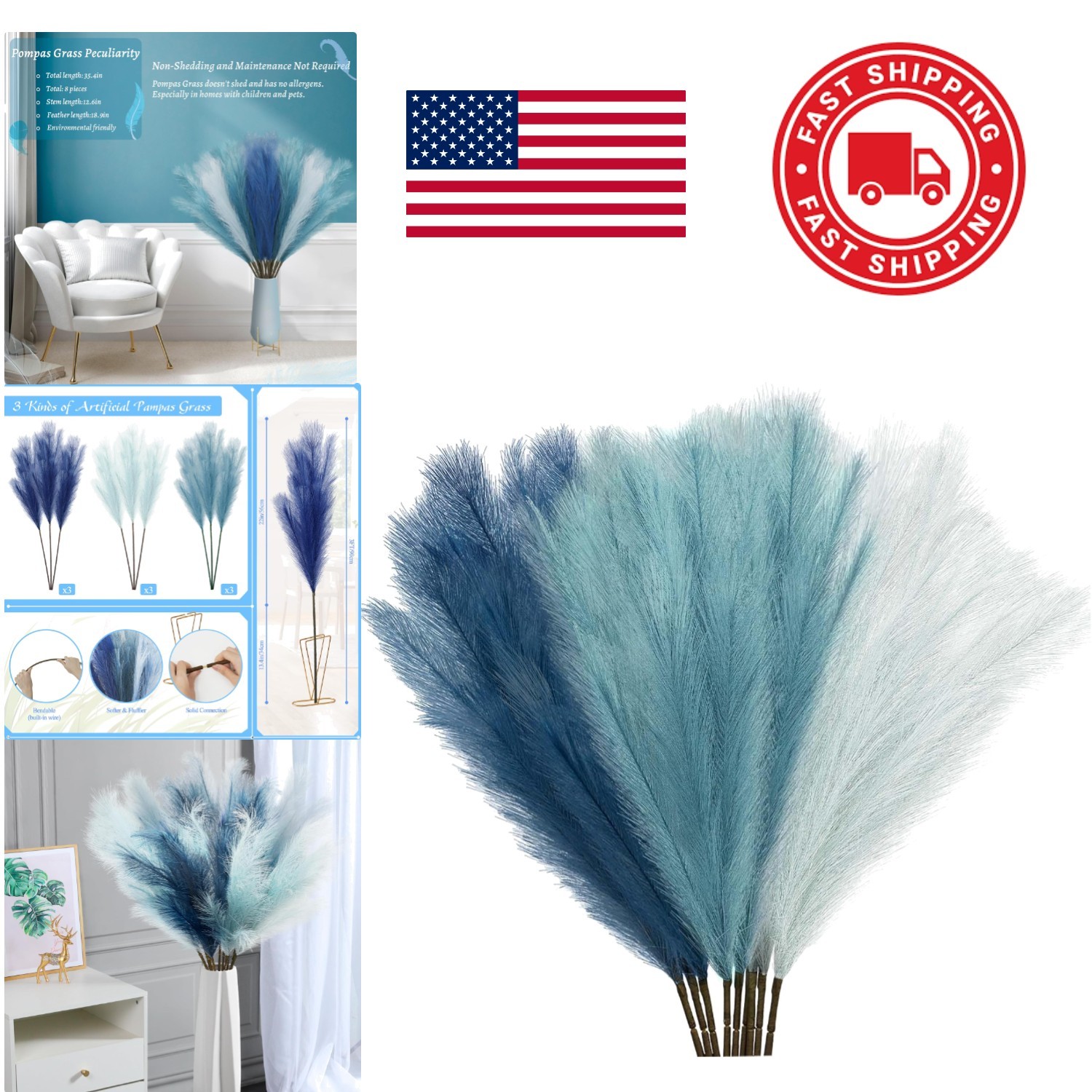 Colorful Pampas Grass Stems 9Pcs 35.4 Inch Indoor Decor Light Blue Fluffy