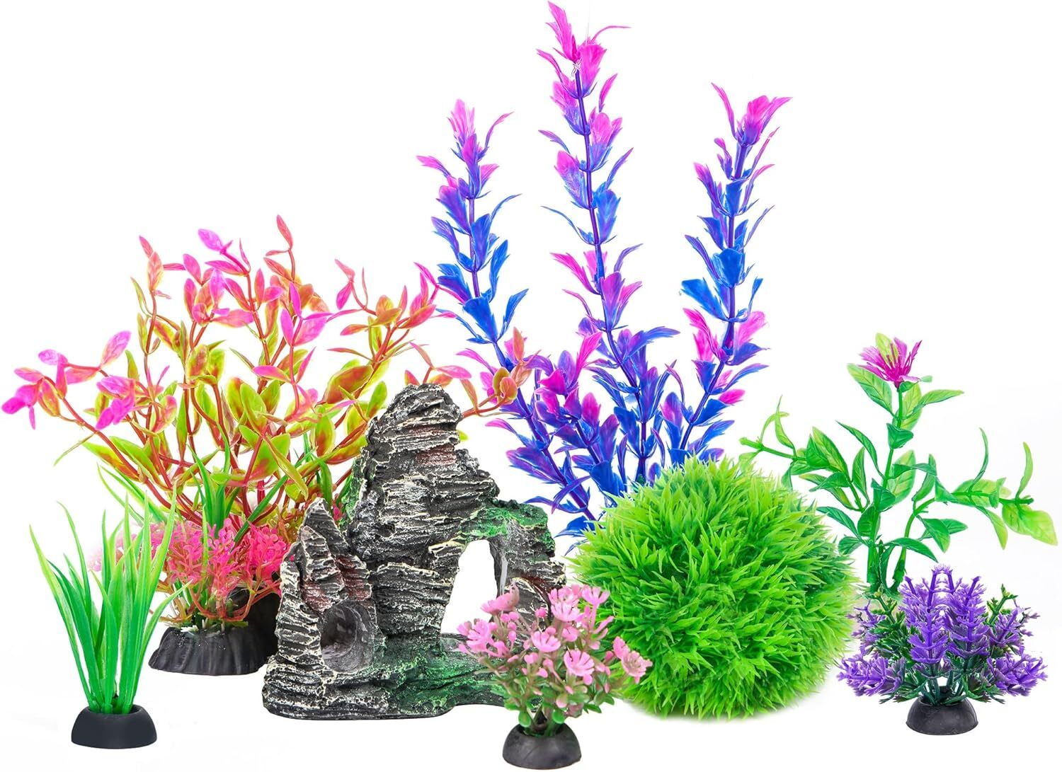 Ameliade Aquarium Artificial Plastic Plants & Rock Cave Decor Set – Fish Tank