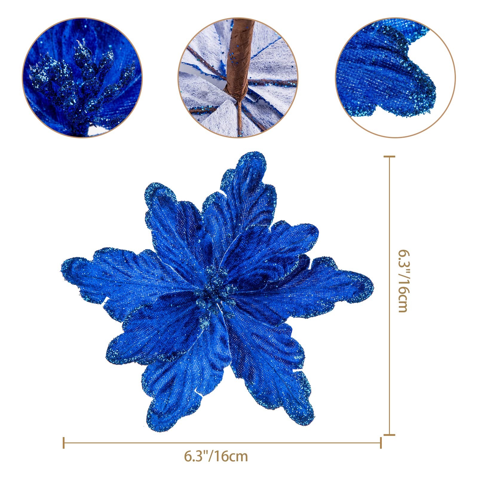 7pcs Poinsettia Flowers Picks Artificial Glitter Poinsettia Flowers With Stems C