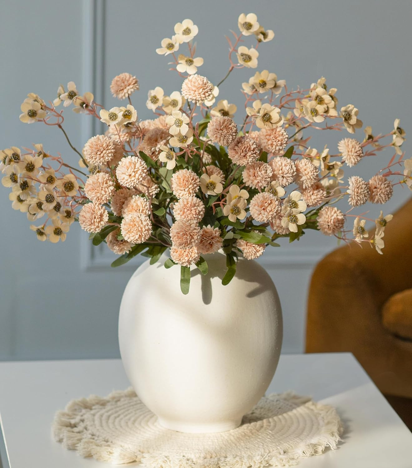 Faux Silk Pompon Mums Artificial Flowers for Vase Kiku Stems & Eucalyptus Floral