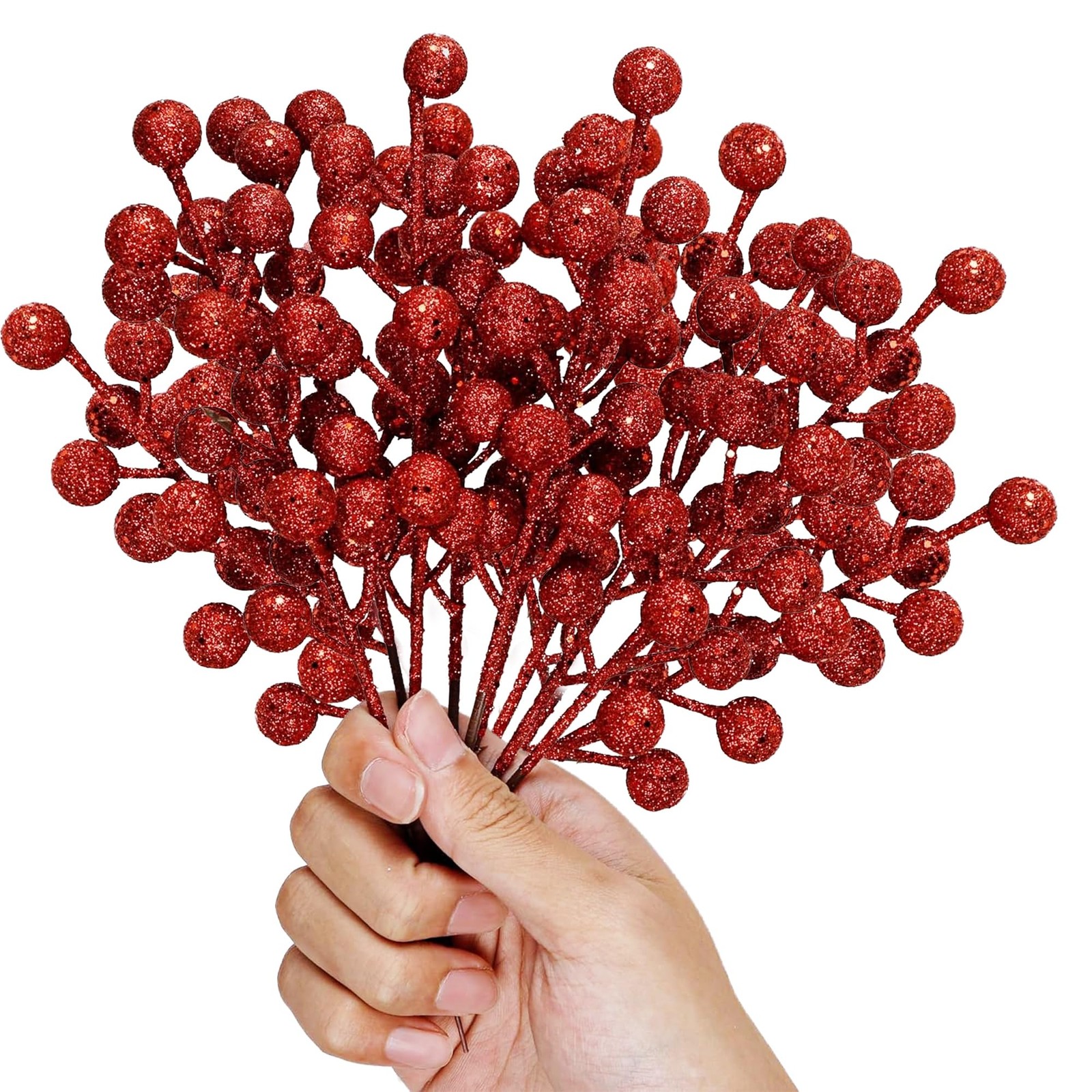 24 Pack 8 Inch Christmas Glitter Faux Winter Berry Sprigs, Artificial Sparkin…