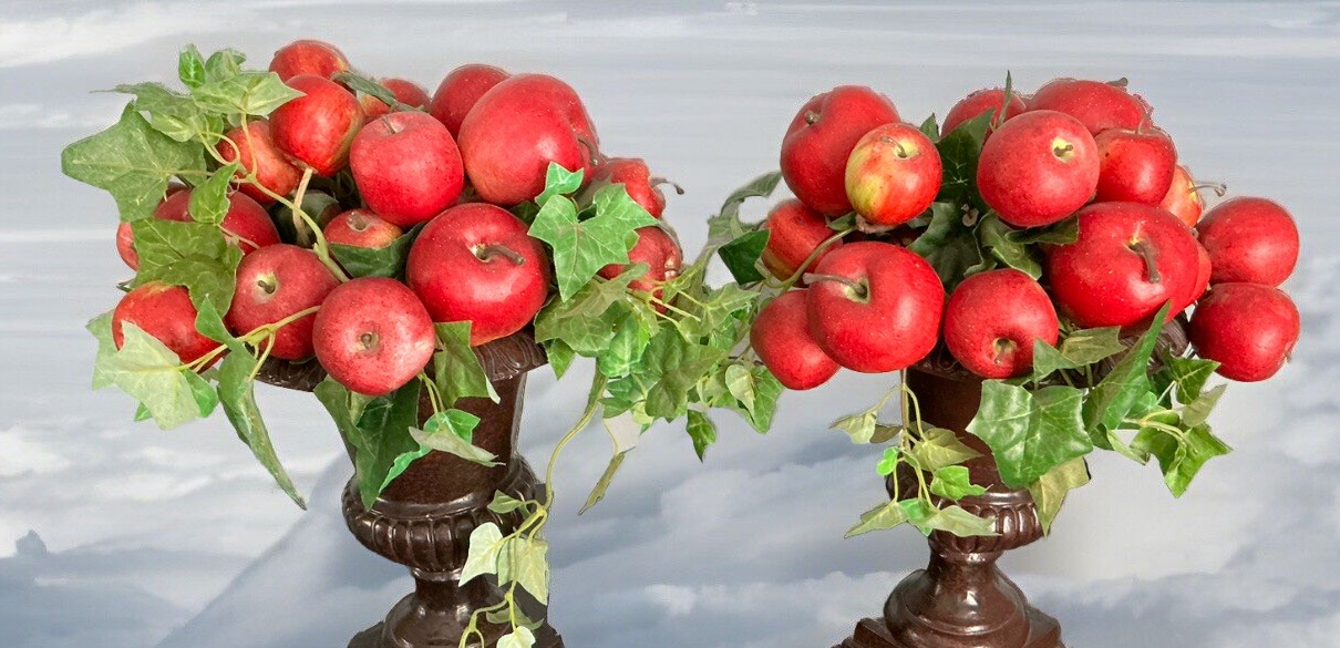 2 Vtg Artificial Red Apple Leaf Topiary Clay Planter Potted Heavy 16’’ Signed!