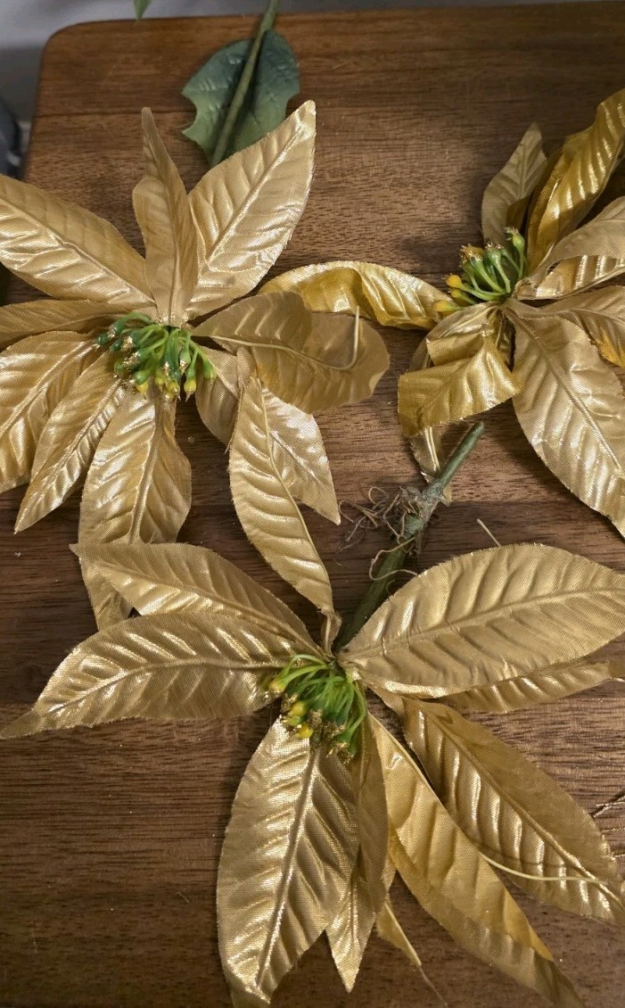 5 Vtg Picks 3 Poinsettia Floral Picks Metallic Gold, Glitter Stems,Ornament Pick