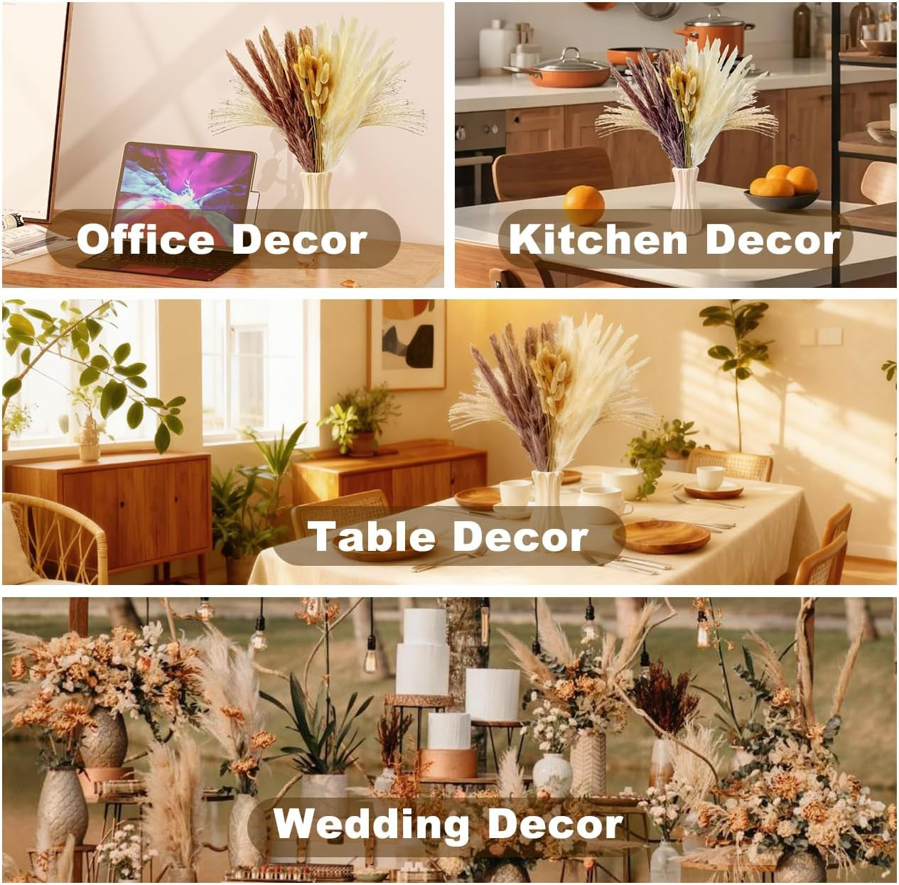 Dried Pampas Grass Decor, 100 Stems Bouquet with Bunny Tails & Reed Grass, Boho