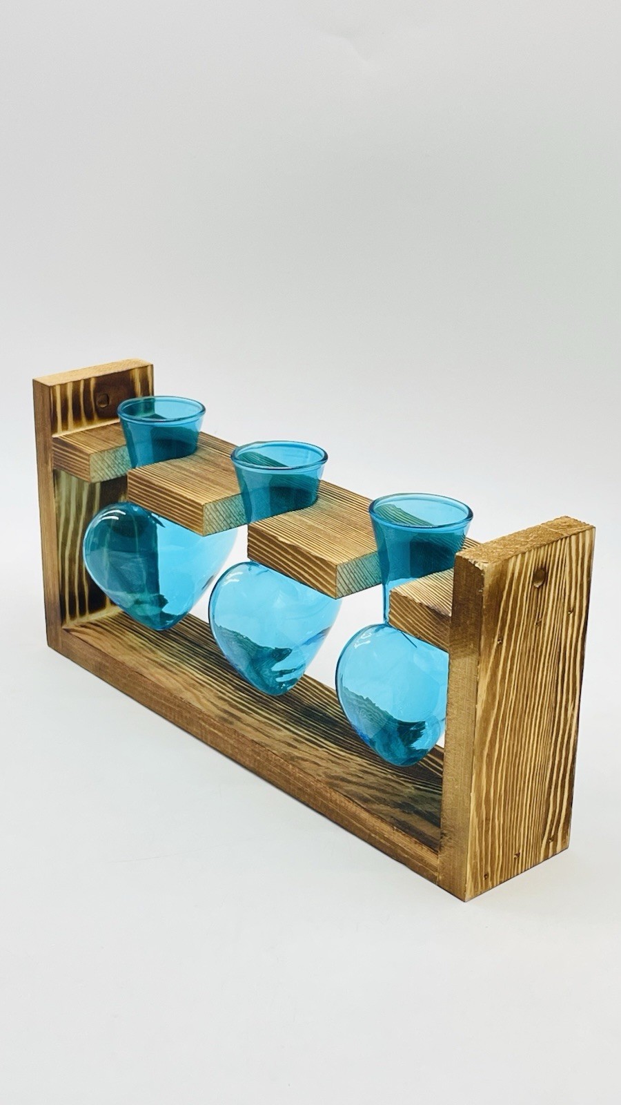 Plant Terrarium Propagation Wood Stand Tabletop Planter 3 Bulb Blue Glass Vase
