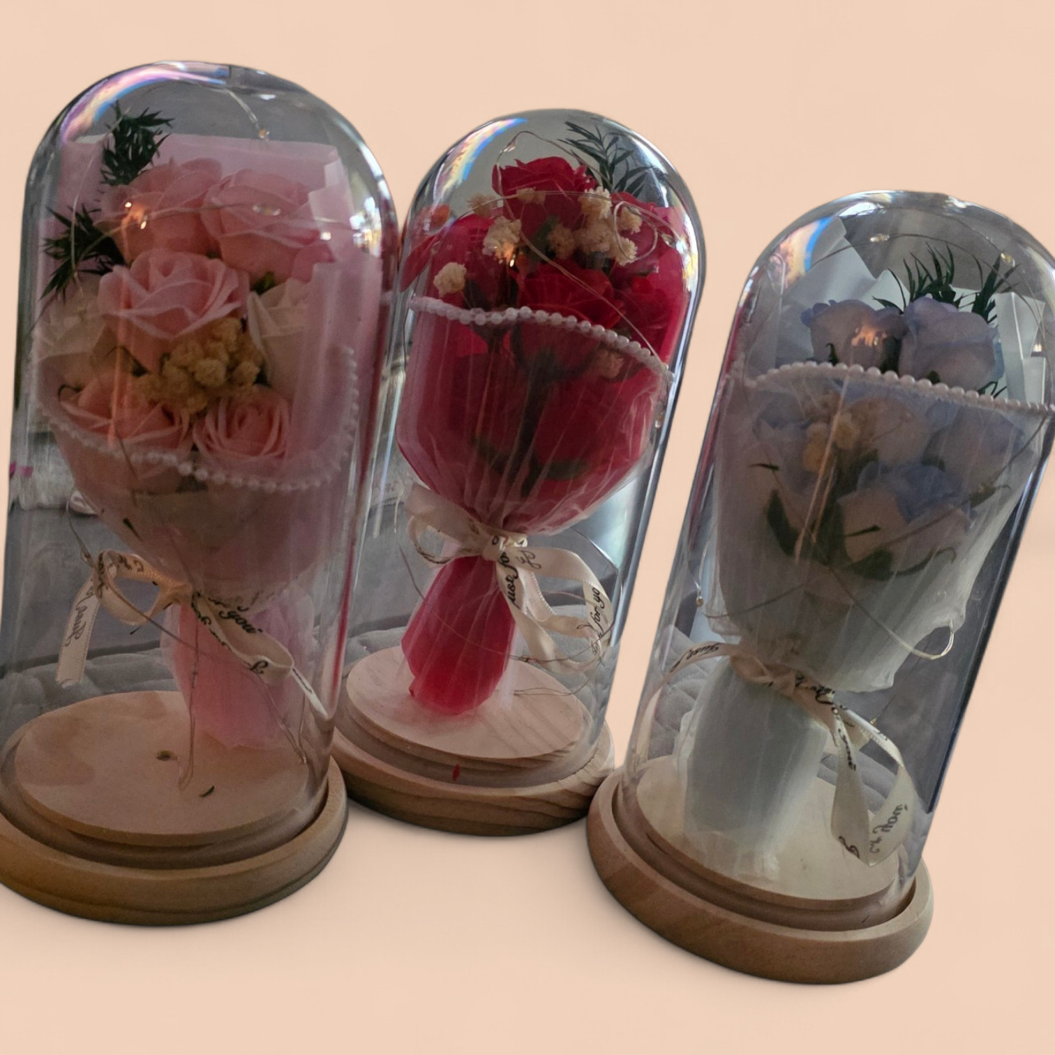 Eternal Rose Bouquet in Glass Dome with LED Lights – Red, Pink, or Blue – 8″