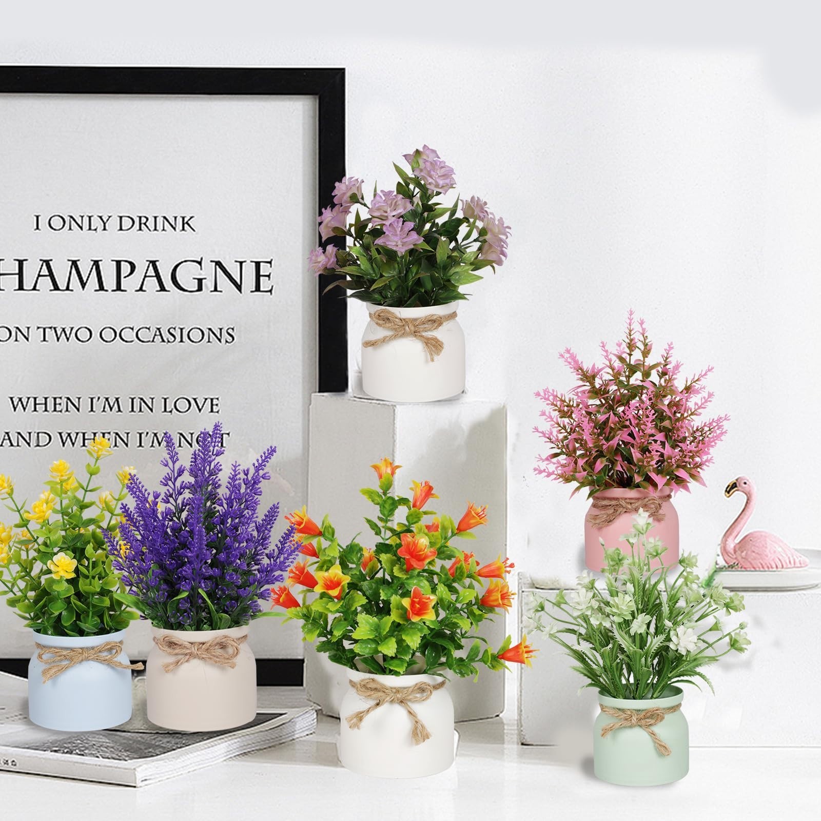 6pcs Mini Potted Artificial Flowers – Small Fake Plants for Home Office Decor