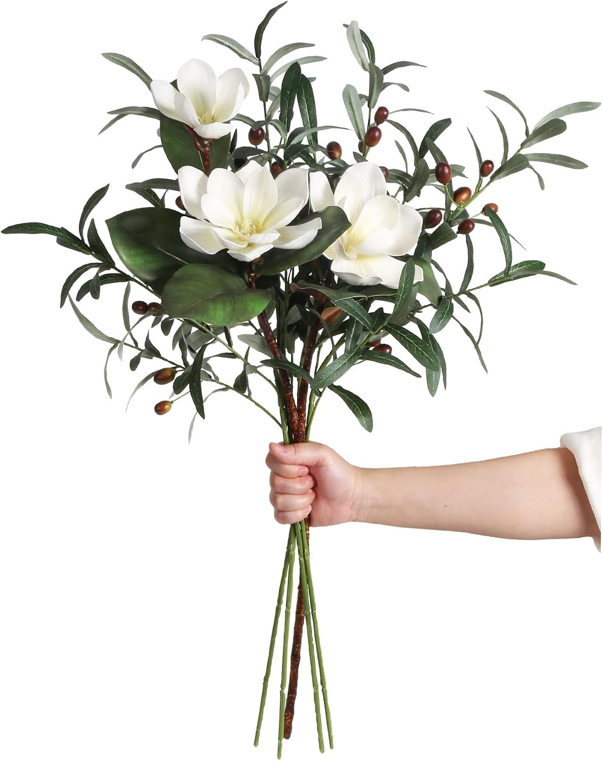 Real Touch White Silk Magnolia & Olive Branches for Tall Vase Home Decor
