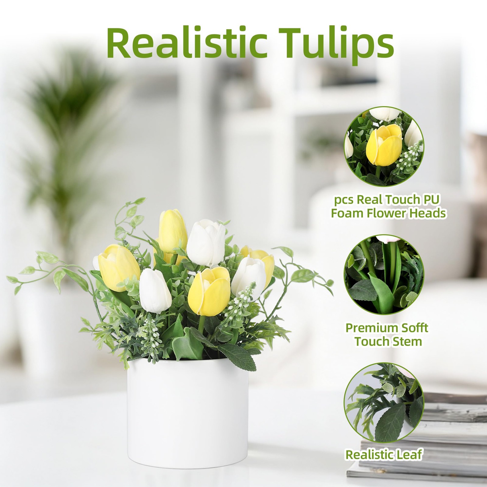 10 Pcs Artificial Tulips in Ceramic Vase, Faux Tulip Flower Arrangement, Pott…