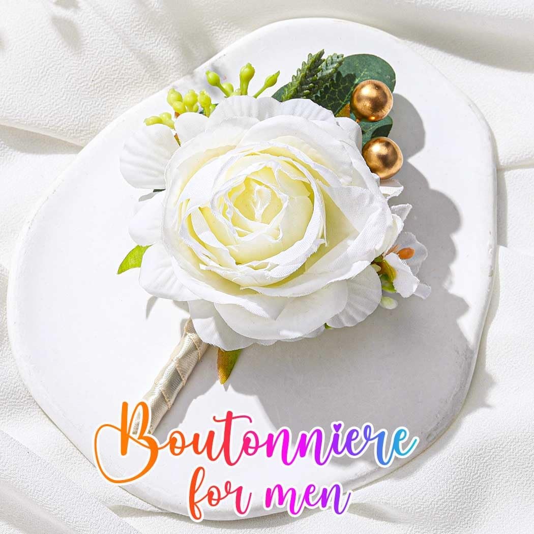 White Bride Wedding Rose Boutonniere Groom Flower Buttonholes Prom Suit
