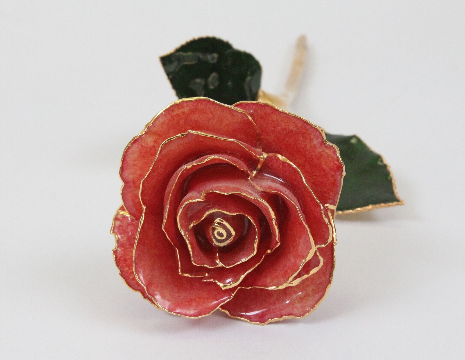 Lacquer Dipped Gold Trim Real Rose Flower 11.5″ Orangish Pink
