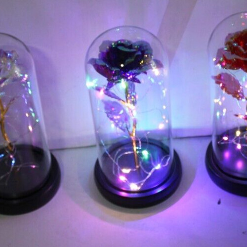 Blue Eternal Rose w LED Lights in Glass Dome Mothers Valentines Anniversary Gift