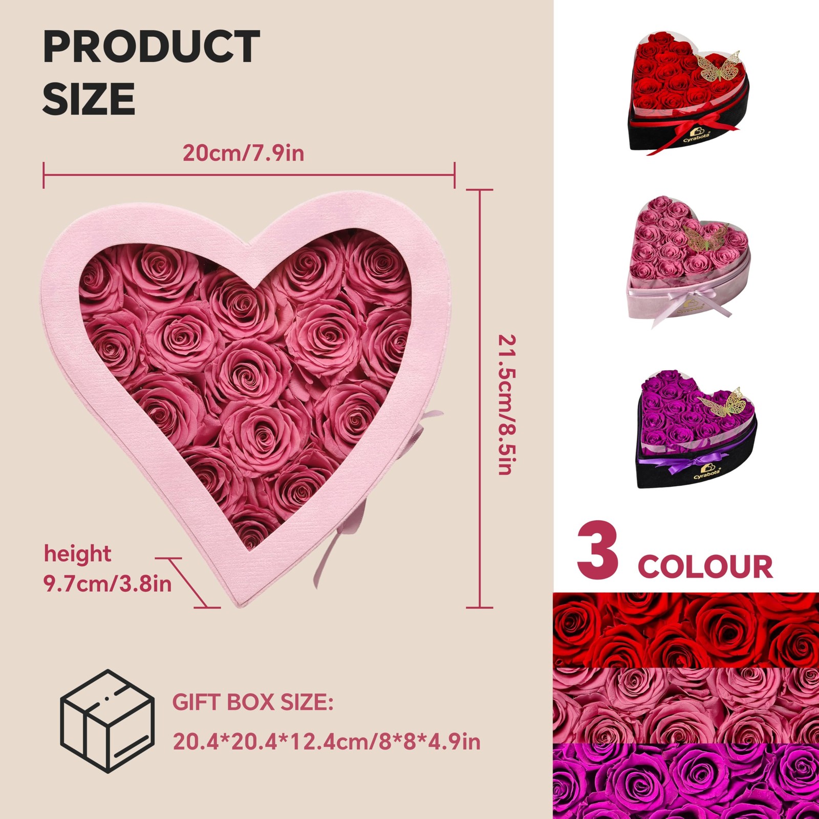 16 PCS Preserved Roses Heart Shape Box Forever Real Gift Pink Women Birthday