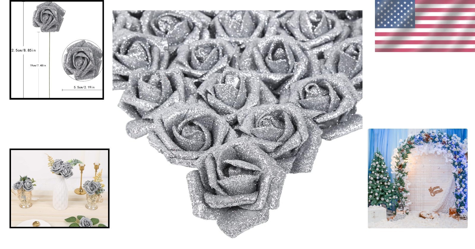 25PCS Silver Glitter Roses with Stems 2.19 Inch Foam Flowers for Home Decor