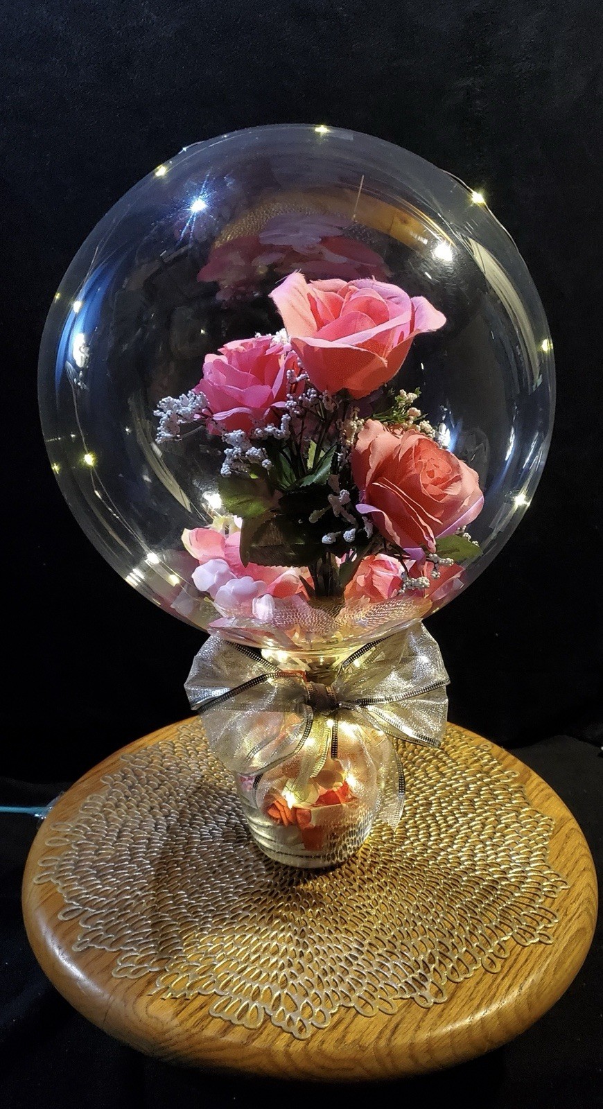 Valentines Day Gift, Pink Rose Balloon. Light Balloon, Glass Vase