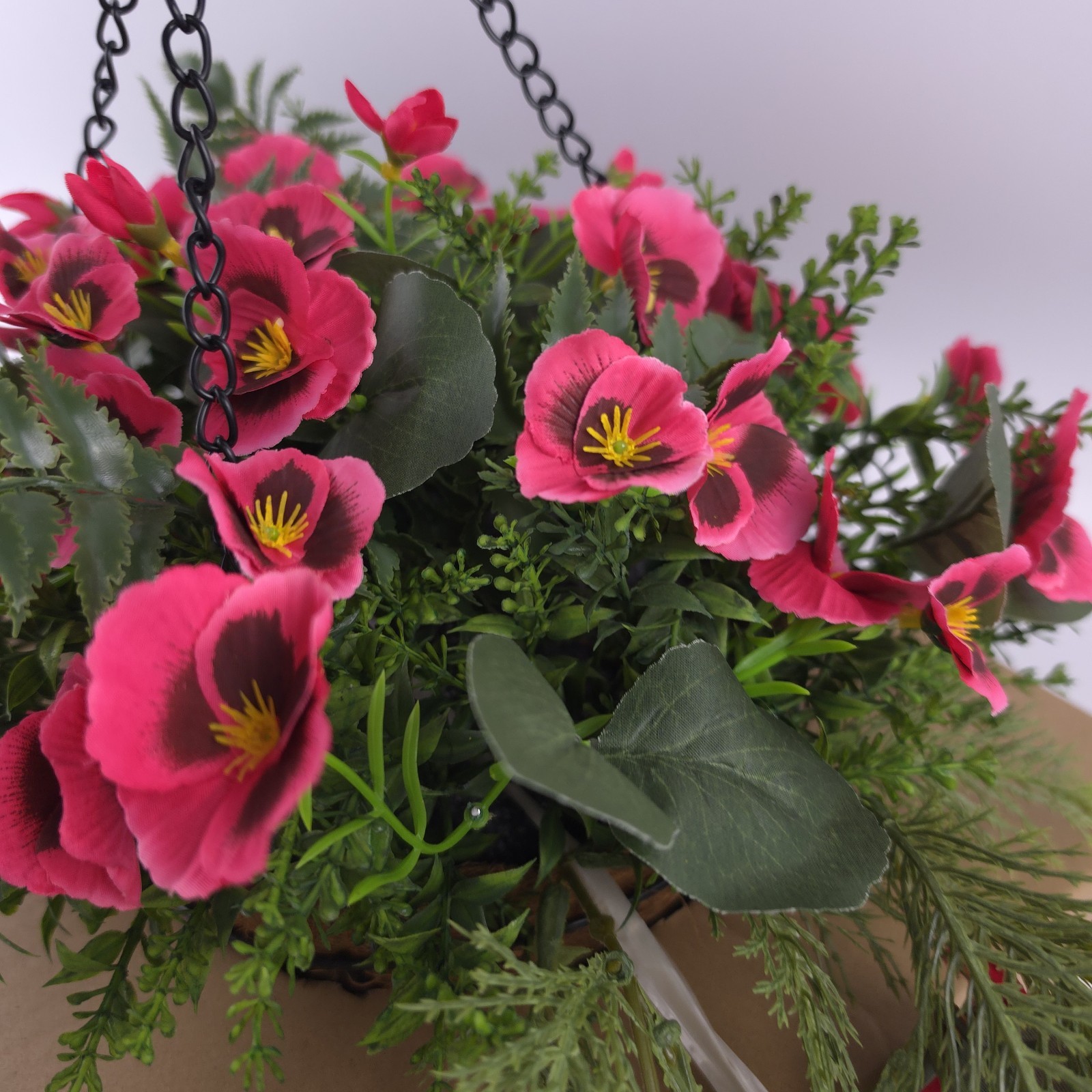 Garden Reflections Cascading Faux Pansy & Fern Hanging Basket Red