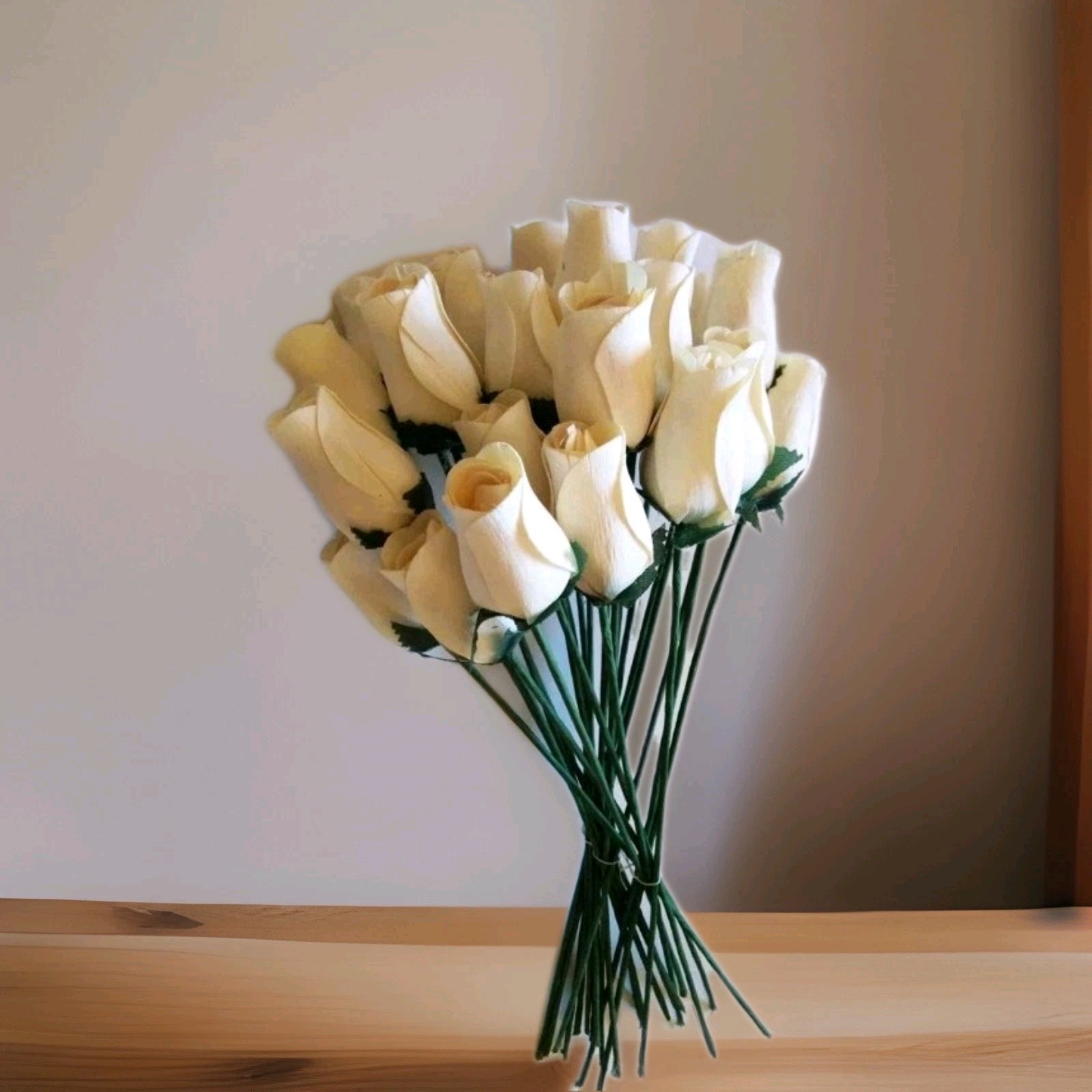 24 pc Beautiful Realistic Ivory White Wooden Roses Standard Version