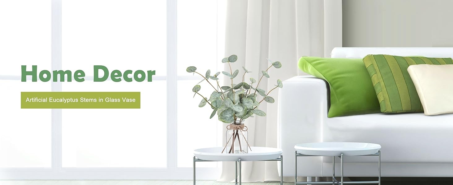 Artificial Eucalyptus Stems in Glass Vase with Faux Water, Fake Plants for Home