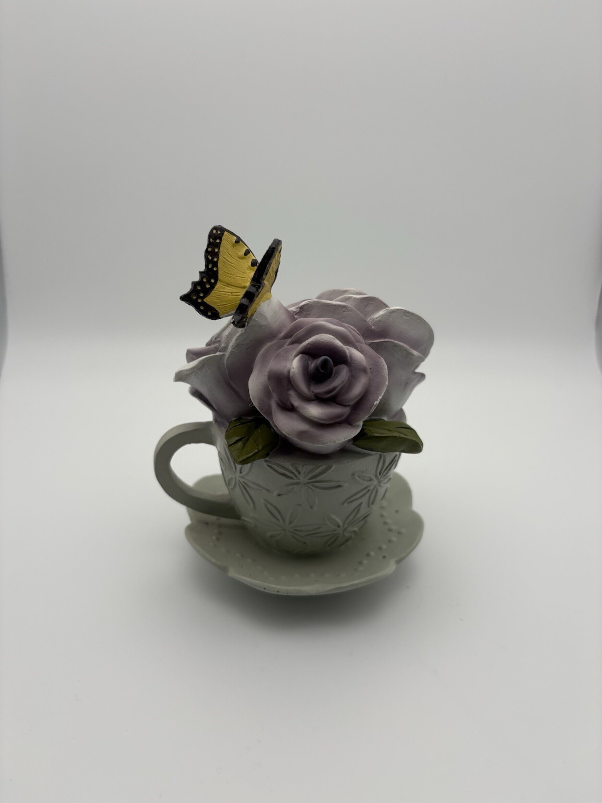 Ganz Flower Teacup Figurine – Yellow Butterfly Purple Flower Decor Spring Summer