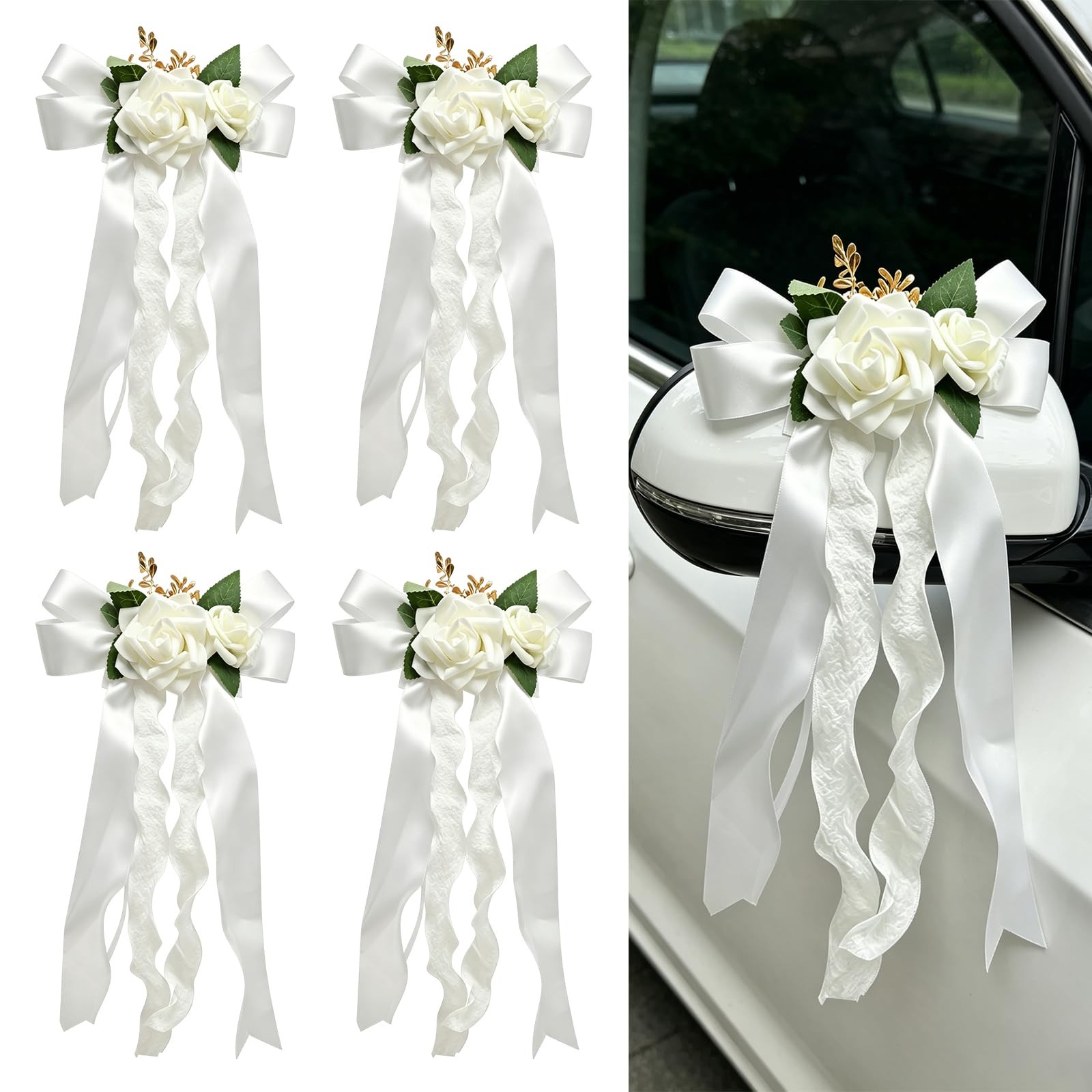 4 PCS Elegant White Artificial Flower Bow Set, Car Decoration for Wedding Doo…