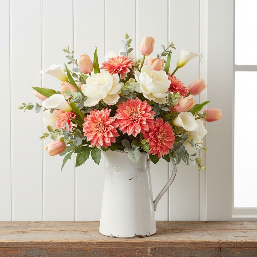 Coral Pink Dahlia Stem Bundle Faux Flowers Wedding Bouquet Flowers Farmhouse Flo