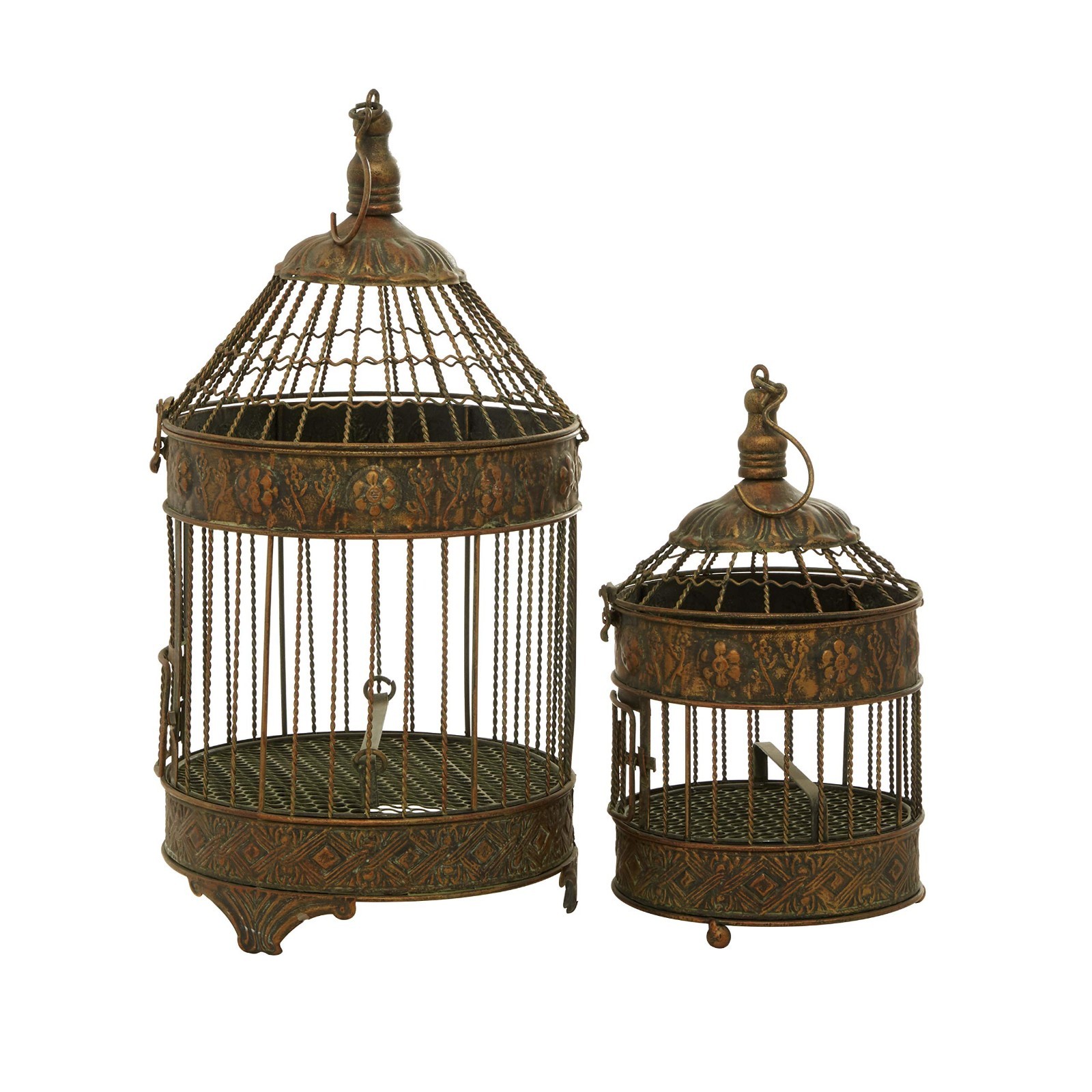 Antique Metal Floral Birdcage Set of 2 – Twisted Rod, Latch Closure, Hanging Hoo
