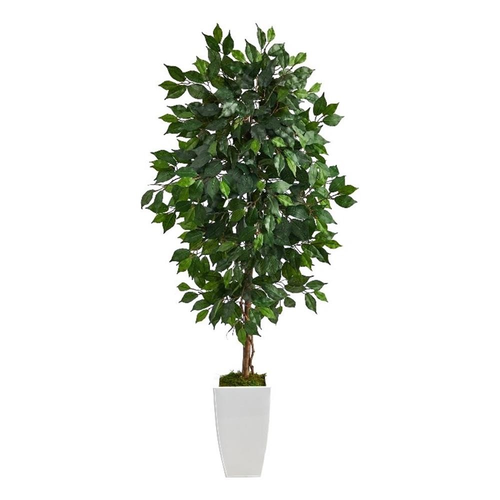 Nearly Natural 4.5ft Ficus Artificial Tree in White Metal Planter in Green