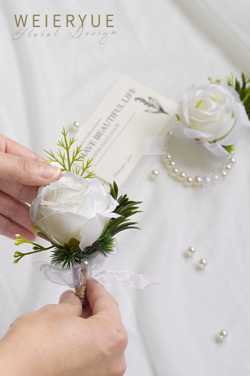 2 PCS White Rose Wrist Flower & Mens Corsage Wedding Ceremony Boutonniere