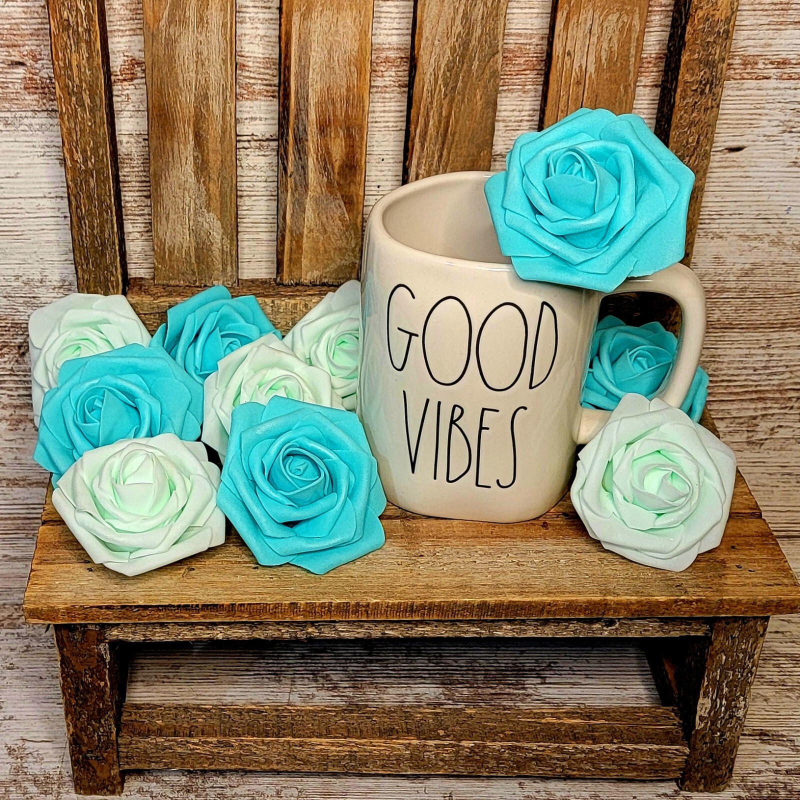 Three Teal Faux Roses with Stem for DIY Crafts, DIY & Party Decor, Tiered Trays