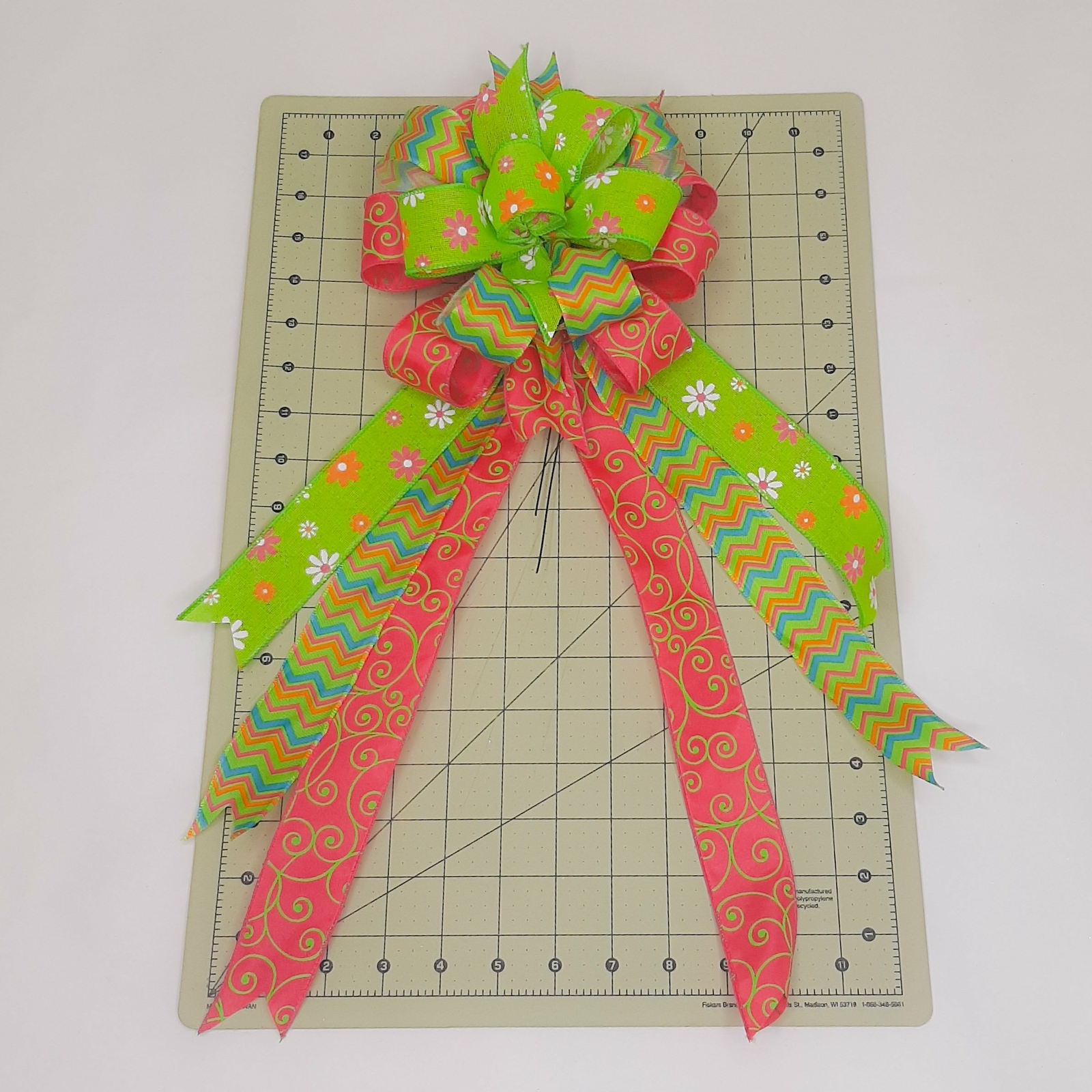 Spring Bow, Wreath Bow, Green Floral Print, Chevron, Pink with Swirl Print