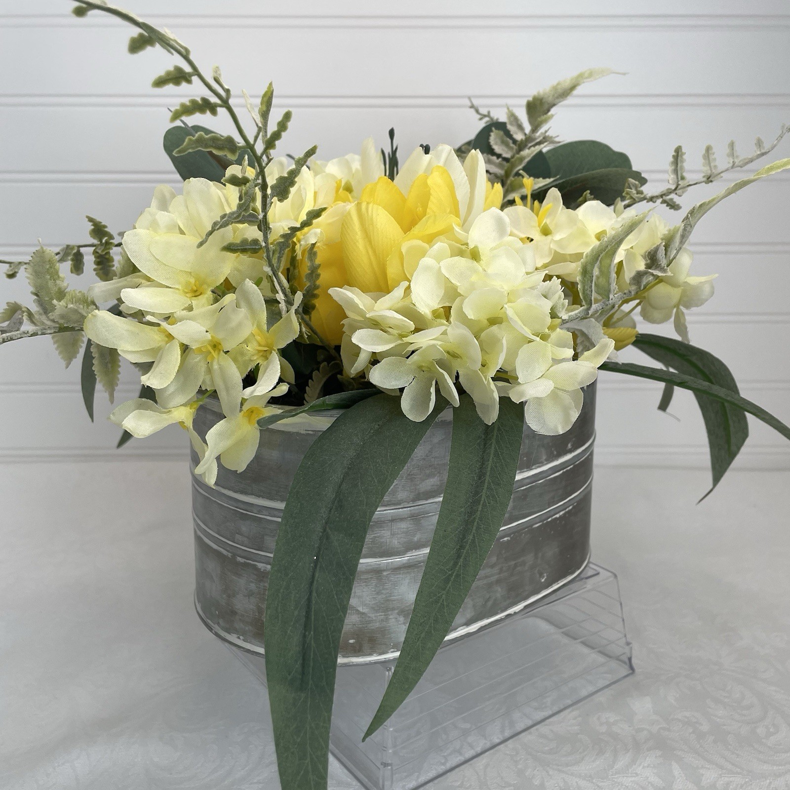 Artificial Floral Basket Arrangement Centerpiece Yellow Flowers in Metal Planter