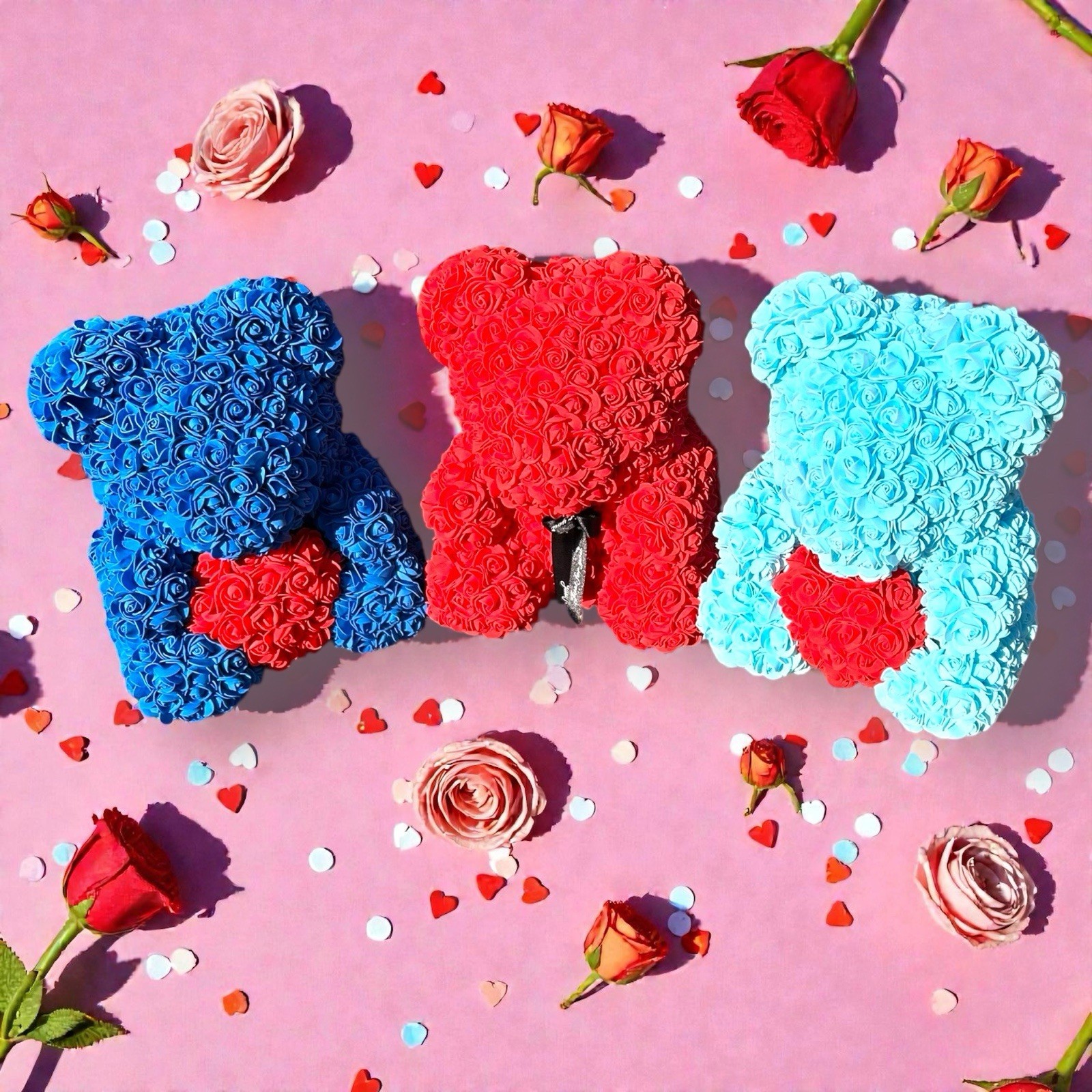 13” Eternal Rose Teddy Bear Blue Valentine’s Gift Faux Roses Gift Wrapped