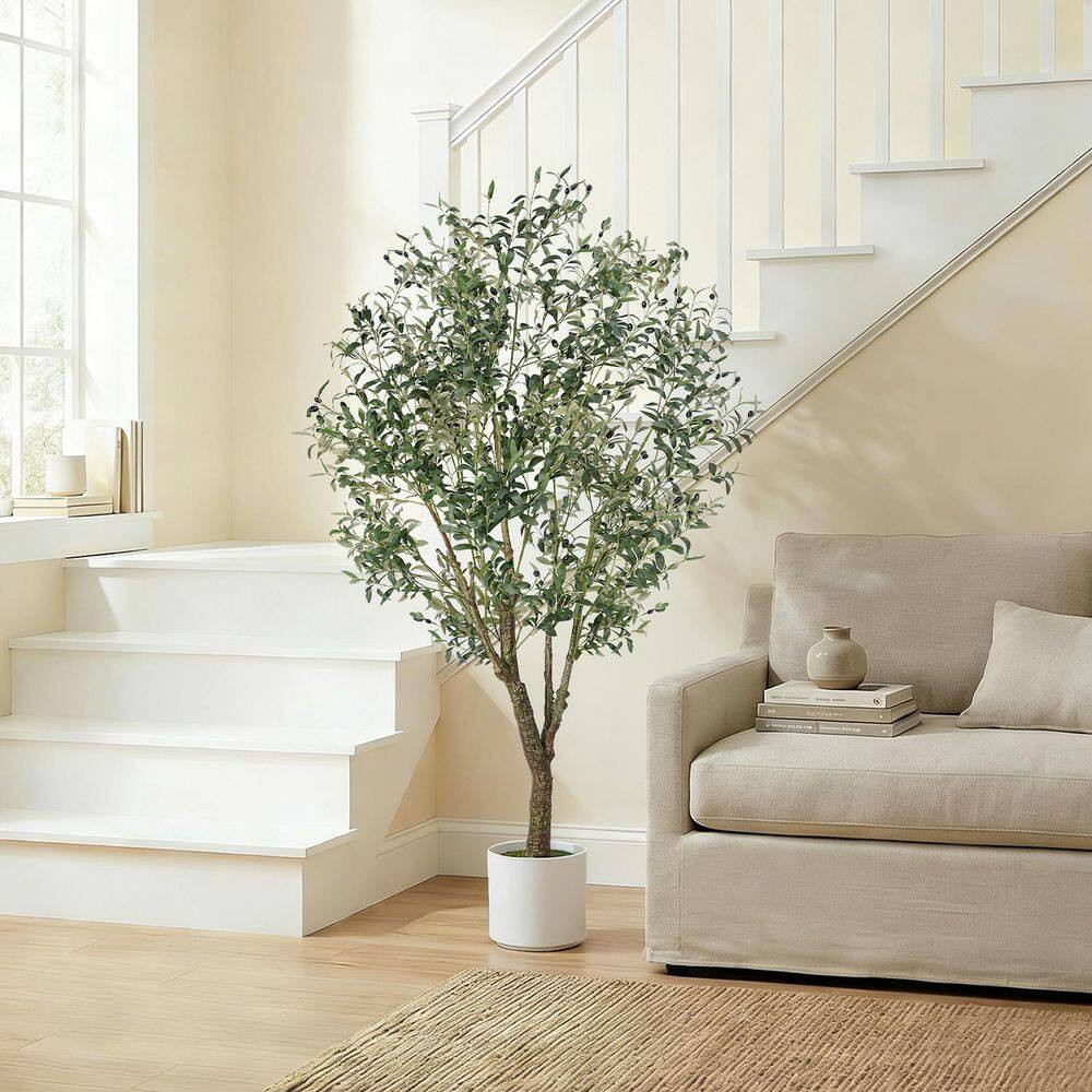 7 Ft. Artificial Olive Tree with Realistic Trunk, Faux Leaves and Fruits, White