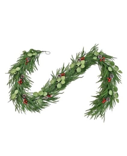 9FT Artificial Christmas Garland with Pine Cones, Red Berries and Eucalyptus